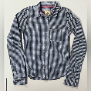 Hollister Y2K Blue White Check Plaid Long Sleeve Button Up Shirt Preppy Women XS